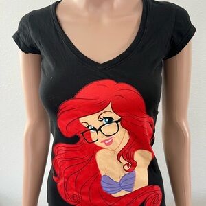Disney Black V-Neck Tee with Red-Haired Ariel Graphic Gently Used
